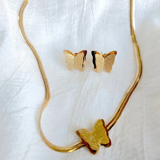 Frosted Butterfly Necklace Earrings and Bangle set